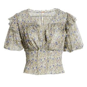 Free People Beatrice Floral-print Smocked Top In Mint Combo Size Small
